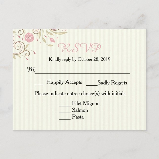 Pink & Green Floral Stripe Wedding RSVP Post Card (Front)