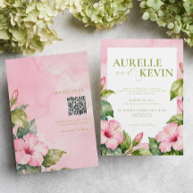 Pink Green Floral Summer Watercolor QRcode Wedding