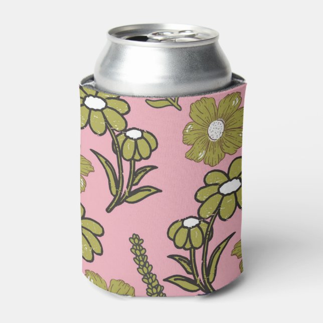 Pink Green Floral Watercolor Botanical Drink  Can Cooler (Can Front)