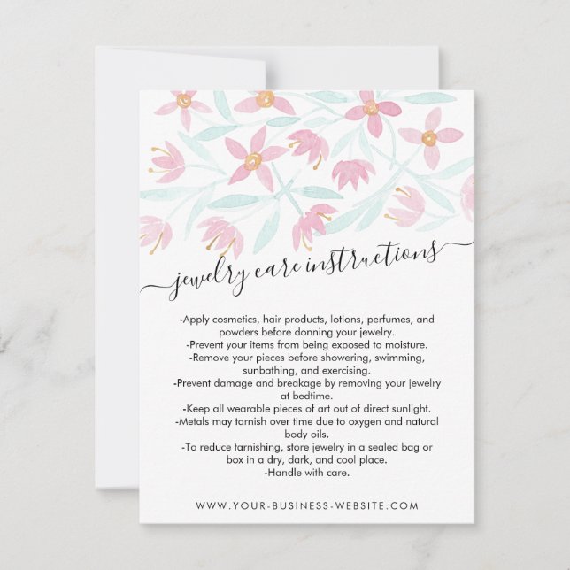 Pink Green Floral Watercolor Jewellery Care Card (Front)