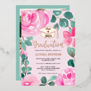Pink green floral watercolor photo graduation