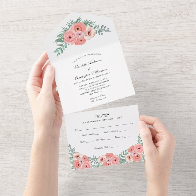 Pink Green Floral Wedding All In One Invitation (Tearaway)