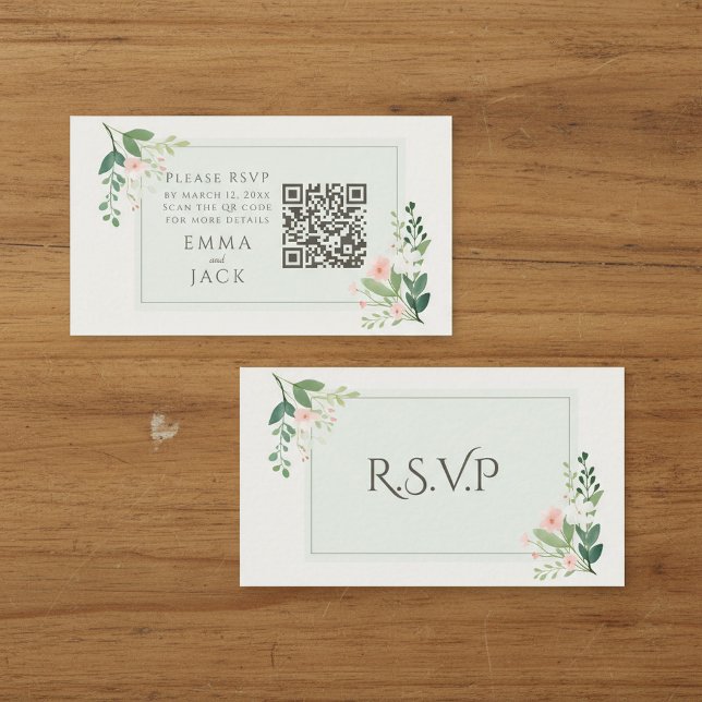 Pink green Floral Wedding RSVP QR Code Enclosure Card (Pink green Floral Wedding RSVP QR Code Enclosure Card.)