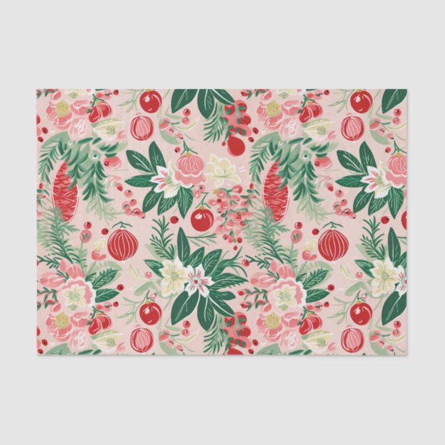 Pink Green Florals Retro Christmas Tissue Paper (Front)