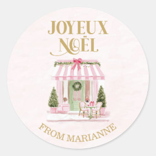Pink & Green French Christmas Paris Café Classic Round Sticker