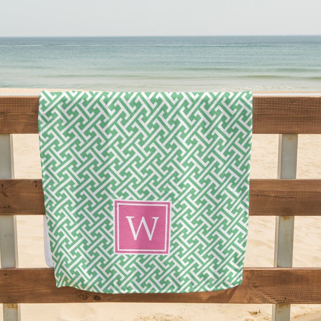 Pink & Green Geometric Pattern Monogram Beach Towel (Creator Uploaded)