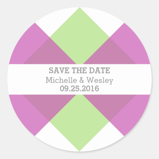 Pink Green Geometric Triad Save the Date Stickers (Front)