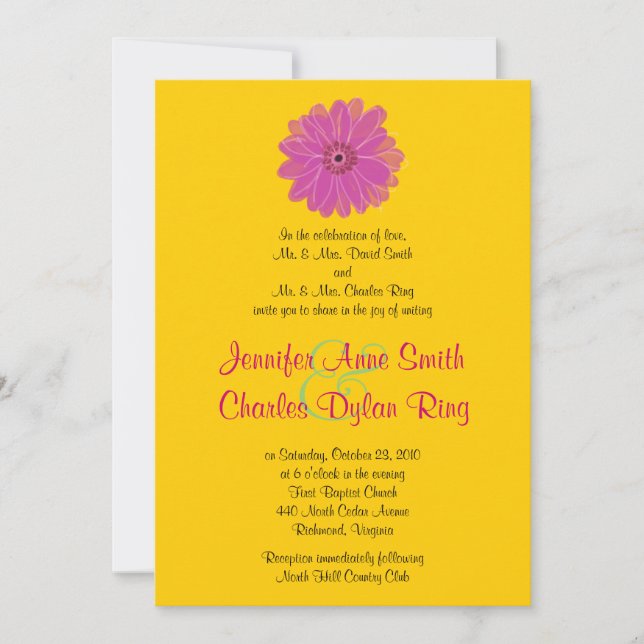 Pink & Green Gerber Daisy Wedding Invitation (Front)