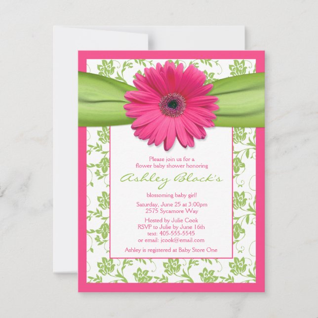 Pink Green Gerbera Daisy Baby Shower Invitation (Front)