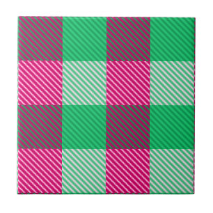 Pink Green Gingham Check Design Ceramic Tile
