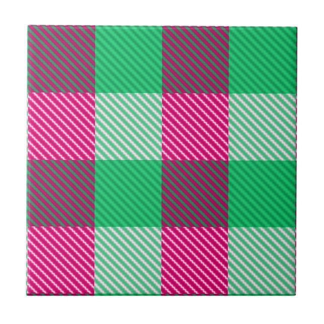 Pink Green Gingham Check Design  Ceramic Tile (Front)