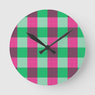 Pink Green Gingham Check Design  Round Clock