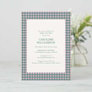 Pink Green Gingham Check Plaid Preppy Baby Shower Invitation