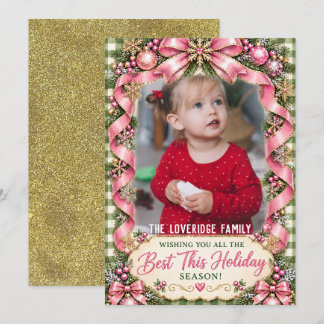 Pink Green Gingham Christmas Photo Frame Holiday Card