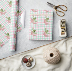  Pink Green Gingham Frog Frogs Wrapping Paper