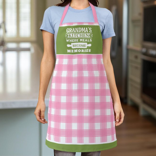 Pink Green Gingham Grandma Meals Become Memories Apron (Creator Uploaded)