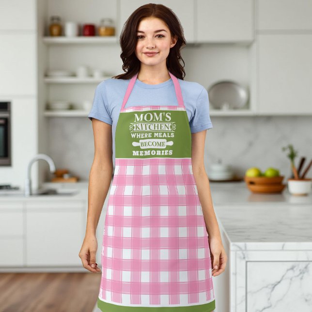 Pink Green Gingham Mum's Meals Become Memories Apron (Creator Uploaded)