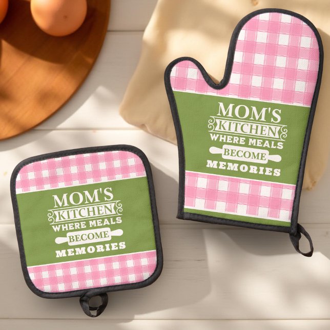 Pink Green Gingham Mum's Meals Become Memories Oven Mitt & Pot Holder Set (Creator Uploaded)