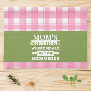 Pink Green Gingham Mum's Meals Become Memories Tea Towel