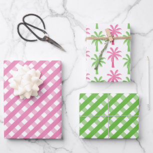 Pink & Green Gingham & Palm Trees Gift Wrap Sheets