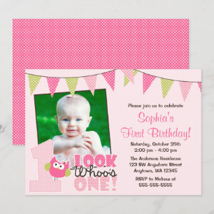 Pink Green Girl Owl 1st Photo Birthday Invitations