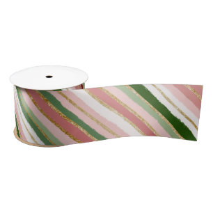 Pink Green Gold Christmas Stripes Satin Ribbon