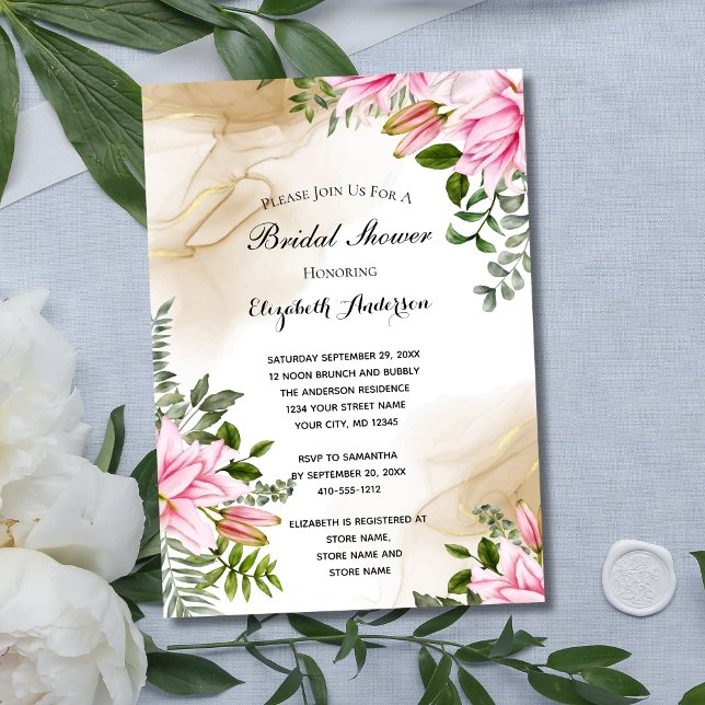 Pink Green Gold Floral Elegant Bridal Shower  Invitation (Pink green gold floral botanical Elegant Bridal Shower Invitation)
