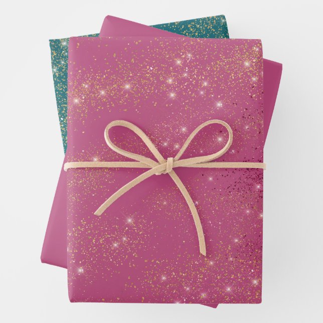 Pink Green Gold Glitter Christmas   Wrapping Paper Sheet (In situ)