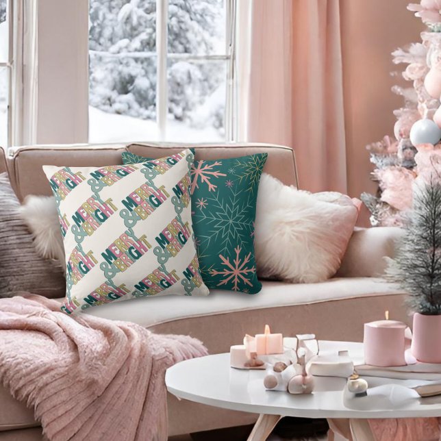 Pink Green Gold Glitter Merry & Bright Snowflakes Cushion (Creator Uploaded)