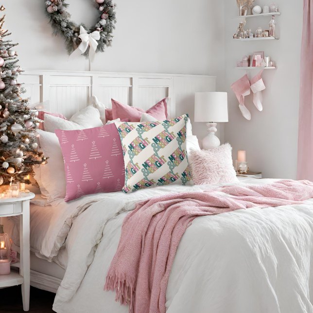 Pink Green Gold Merry & Bright Snowflakes & Trees Cushion (Creator Uploaded)