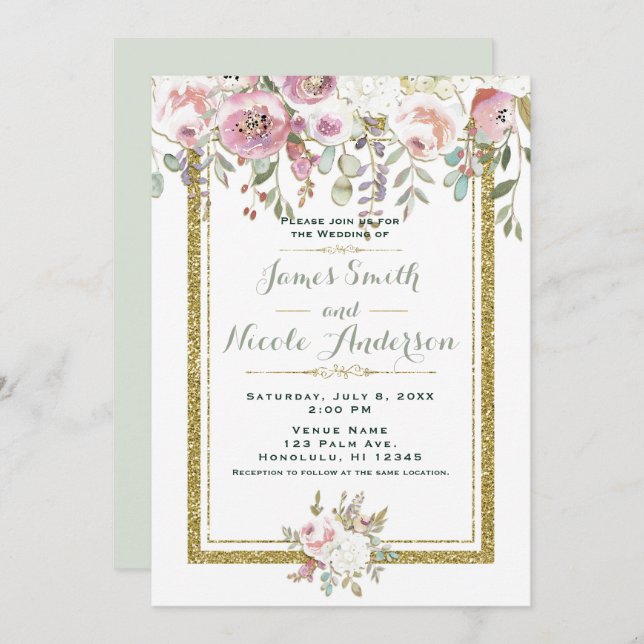 Pink Green & Gold Modern Floral Pastel Wedding Invitation (Front/Back)