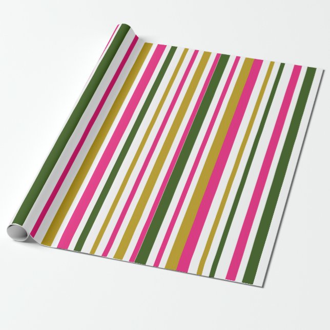 Pink Green Gold Stripe Wrapping Paper (Unrolled)