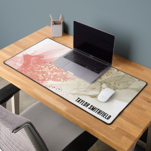 Pink Green Gold Watercolor Paint Custom Name Desk Mat