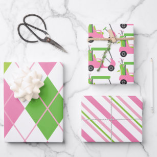 Pink & Green Golf Argyle Stripes Gift Wrap Sheets