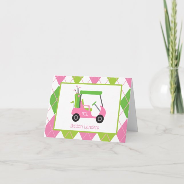 Pink & Green Golf Personalised Folded Note Cards (Front)