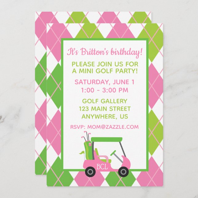 Pink & Green Golf Personalised Party Invitations (Front/Back)