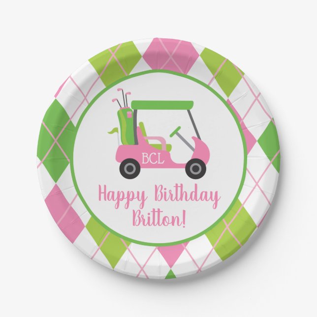 Pink & Green Golf Personalised Party Plates (Front)