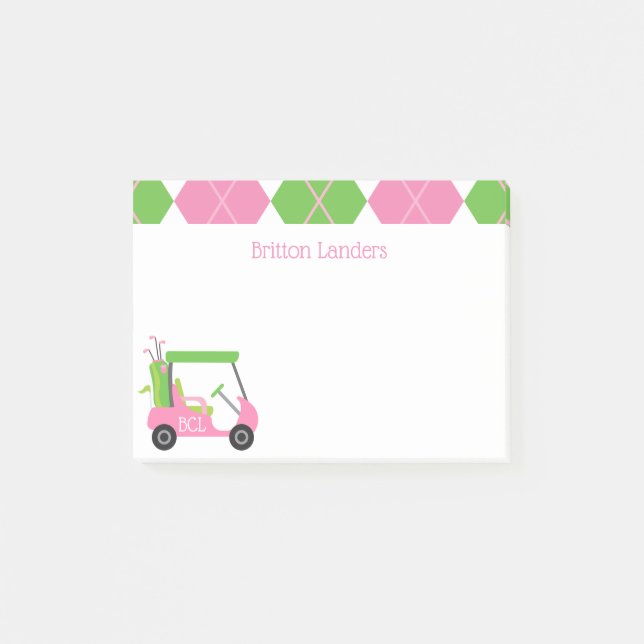 Pink & Green Golf Personalised Post-it Notepad (Front)