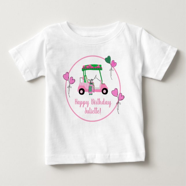 Pink & Green Golf Theme Personalised Party  Baby T-Shirt (Front)