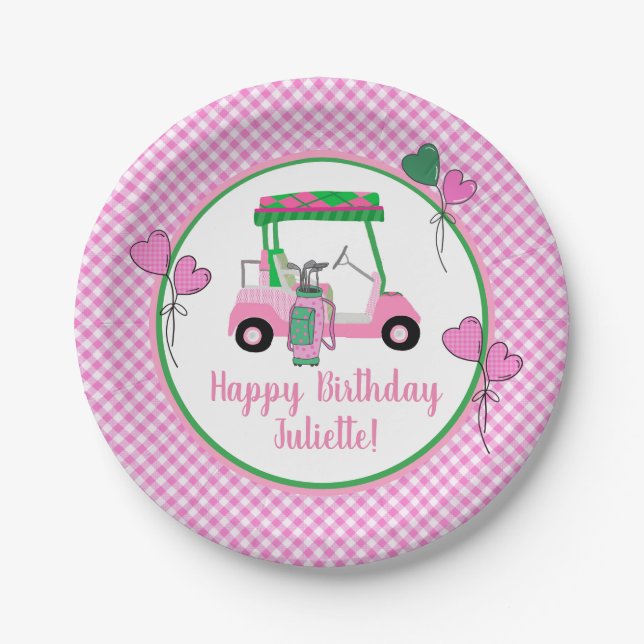 Pink & Green Golf Theme Personalised Party  Paper Plate (Front)