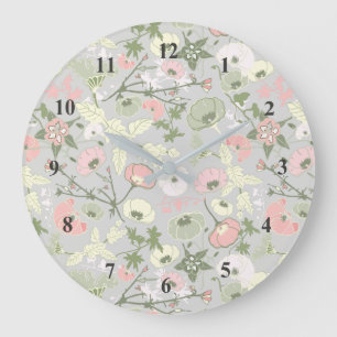 Pink Green Grey Floral Flower Girl Pattern Large Clock
