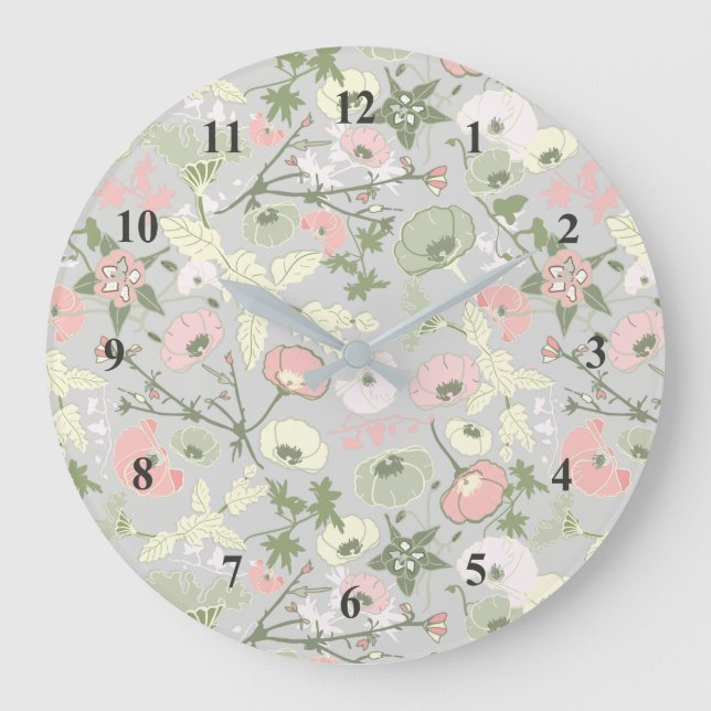 Pink Green Grey Floral Flower Girl Pattern Large Clock (Front)