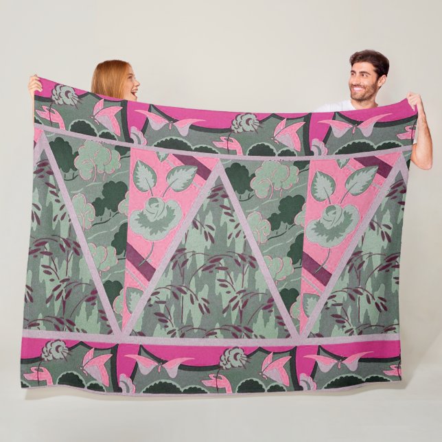 PINK GREEN GREY FLOWERS, BUTTERFLIES BOLD FLORAL FLEECE BLANKET (In Situ)