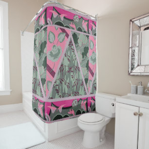 PINK GREEN GREY FLOWERS, BUTTERFLIES BOLD FLORAL SHOWER CURTAIN