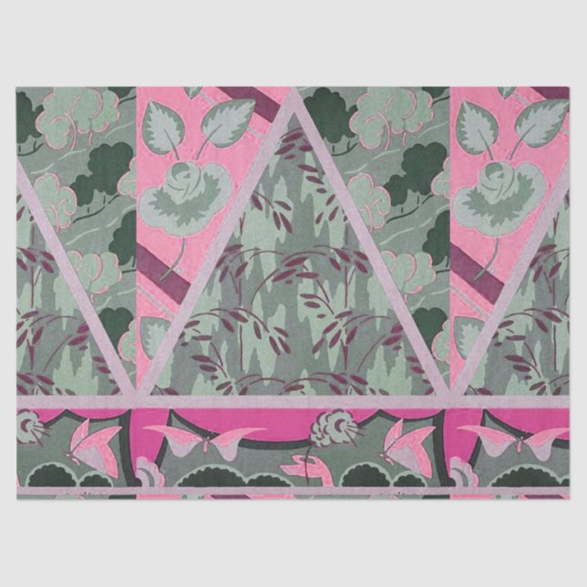 PINK GREEN GREY FLOWERS, BUTTERFLIES BOLD FLORAL TISSUE PAPER (Front)