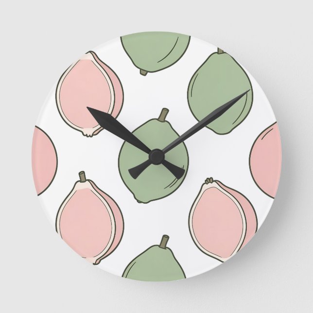 Pink Green Guava Pattern Round Clock (Front)