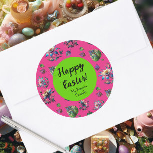 Pink Green Happy Easter Spring Columbine Flower Classic Round Sticker