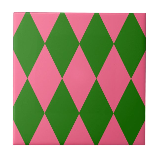 Pink Green Harlequin Checkered Design  Ceramic Tile (Front)