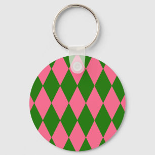 Pink Green Harlequin Checkered Design Key Ring