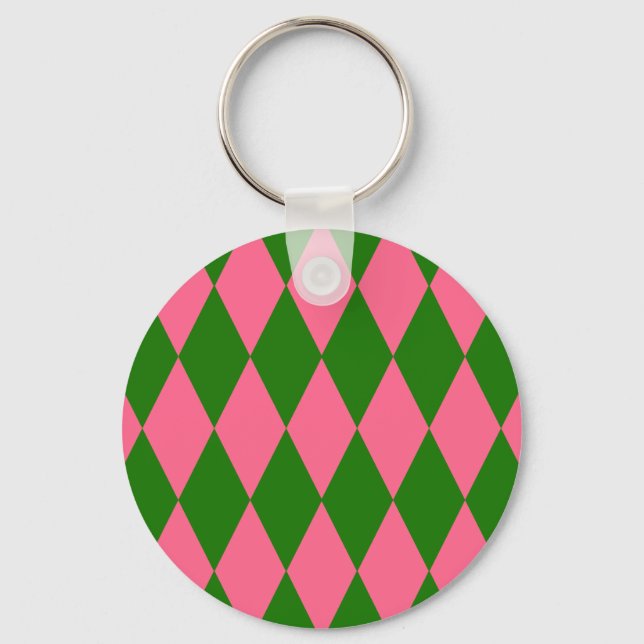 Pink Green Harlequin Checkered Design  Key Ring (Front)